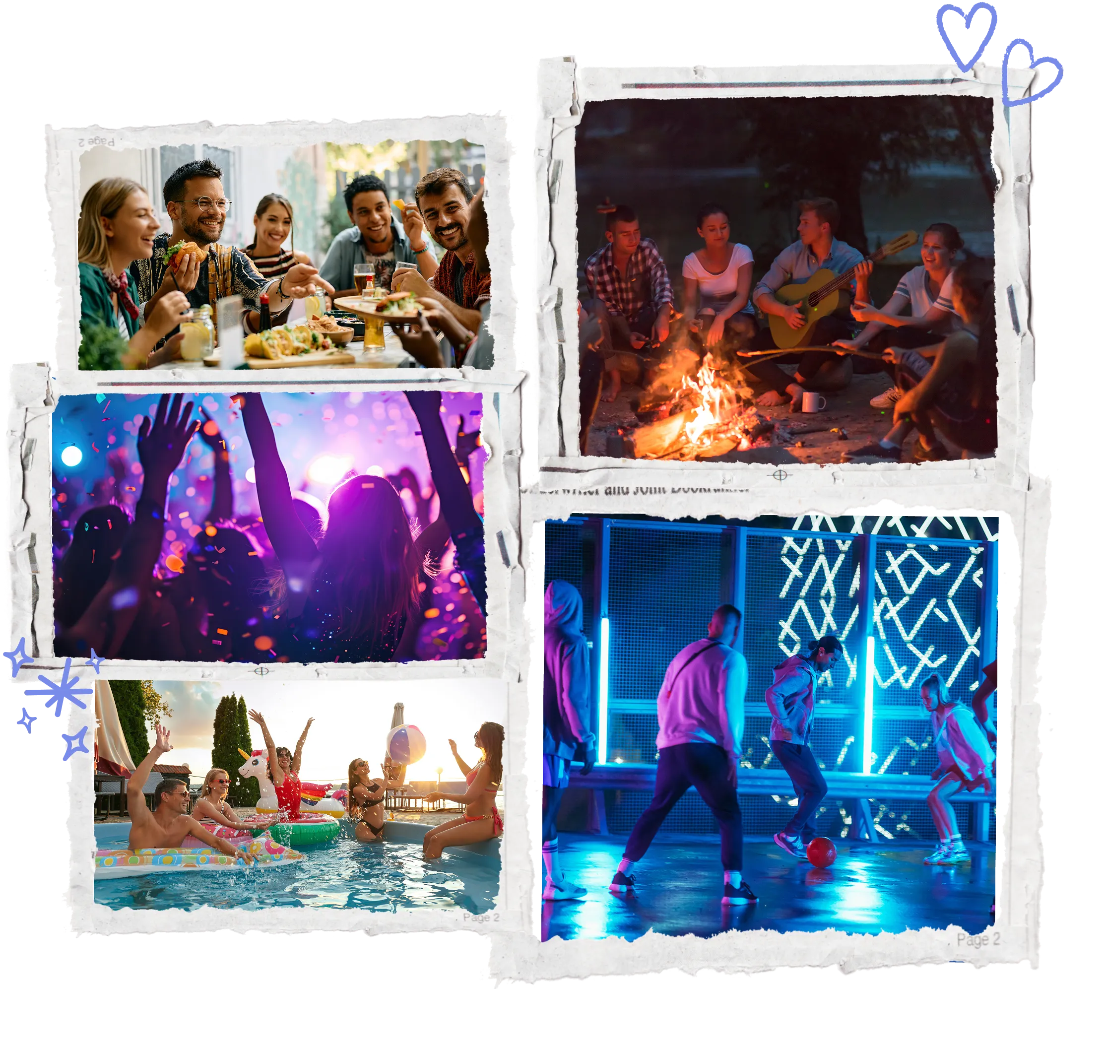 scrapbook of retro prints showing happy friends at events: taco tuesday, campfire with guitar, disco party, cool kids swim party and rooftop pickup soccer